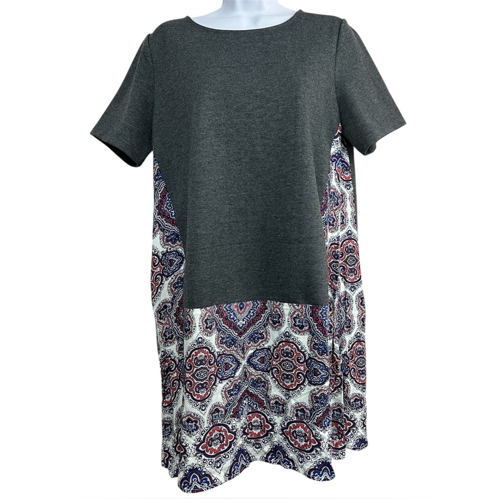 THML Mixed Media Tunic‎ Mini Dress Sz M Charcoal Gray Knit Top Paisley Boho NWT